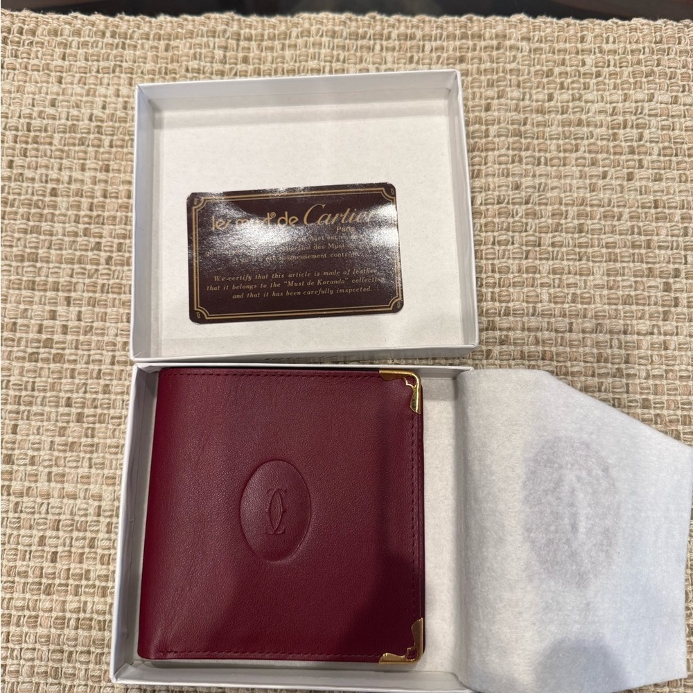 Cartier Burgundy Leather Bifold Wallet with Gold-Tone Corner Trim